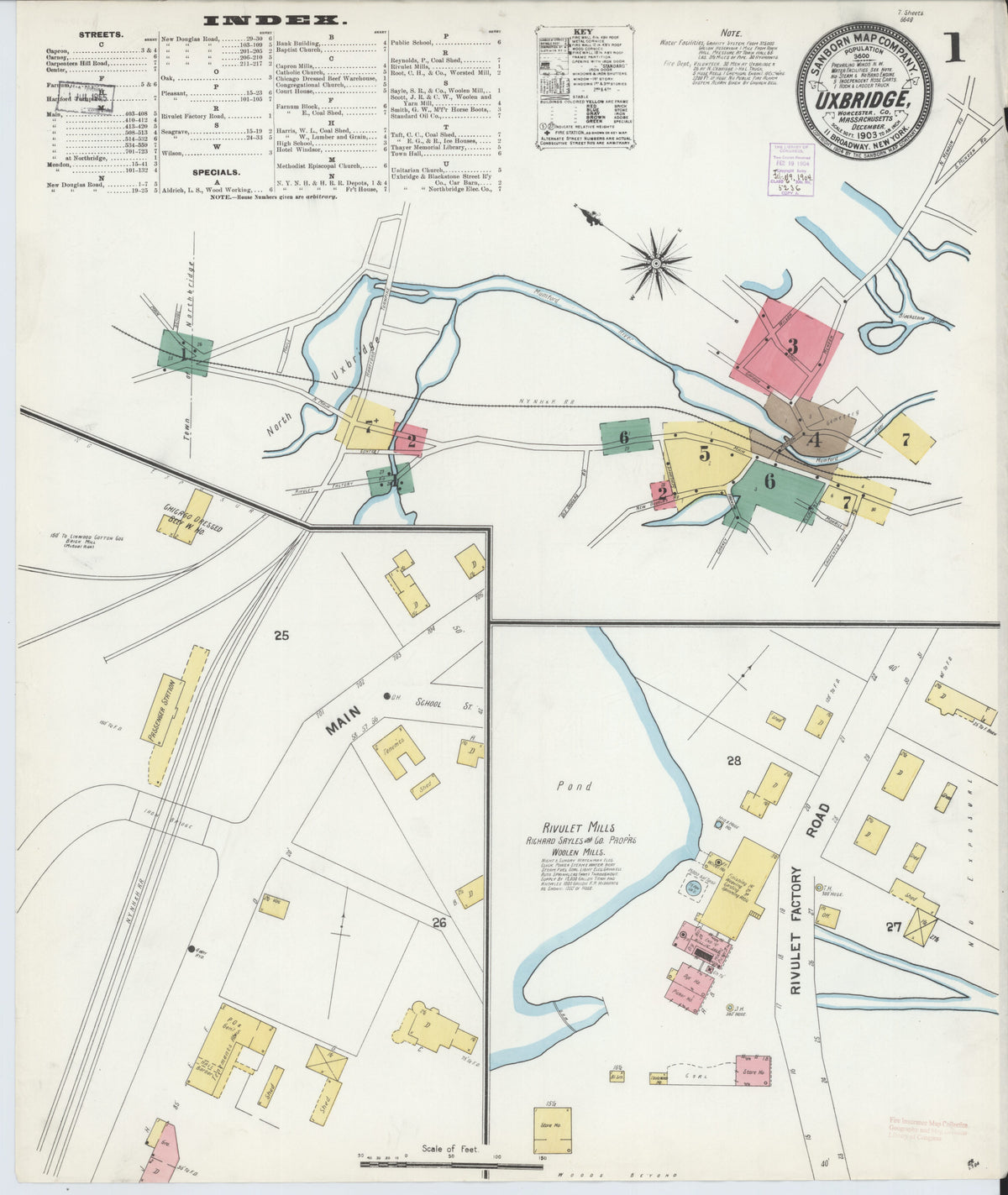 Sanborn Fire Insurance Map from Uxbridge, Worcester County, Massachusetts 1903 by Relic Map Company
