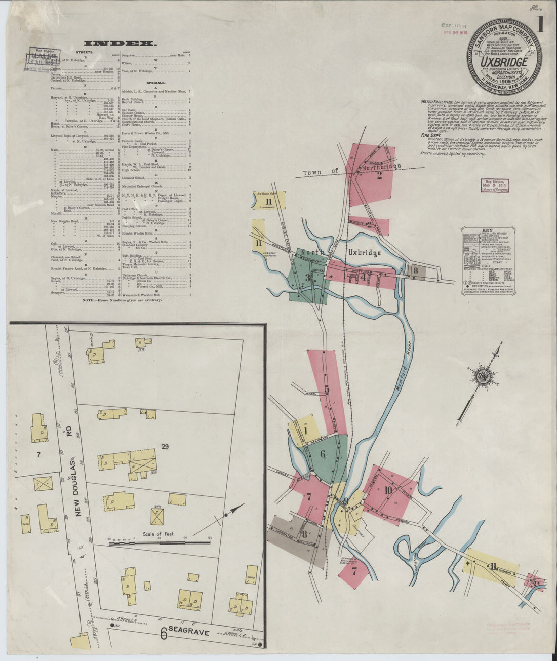 This old map of Sanborn Fire Insurance Map from Uxbridge, Worcester County, Massachusetts from 1909 was created by  in 1909